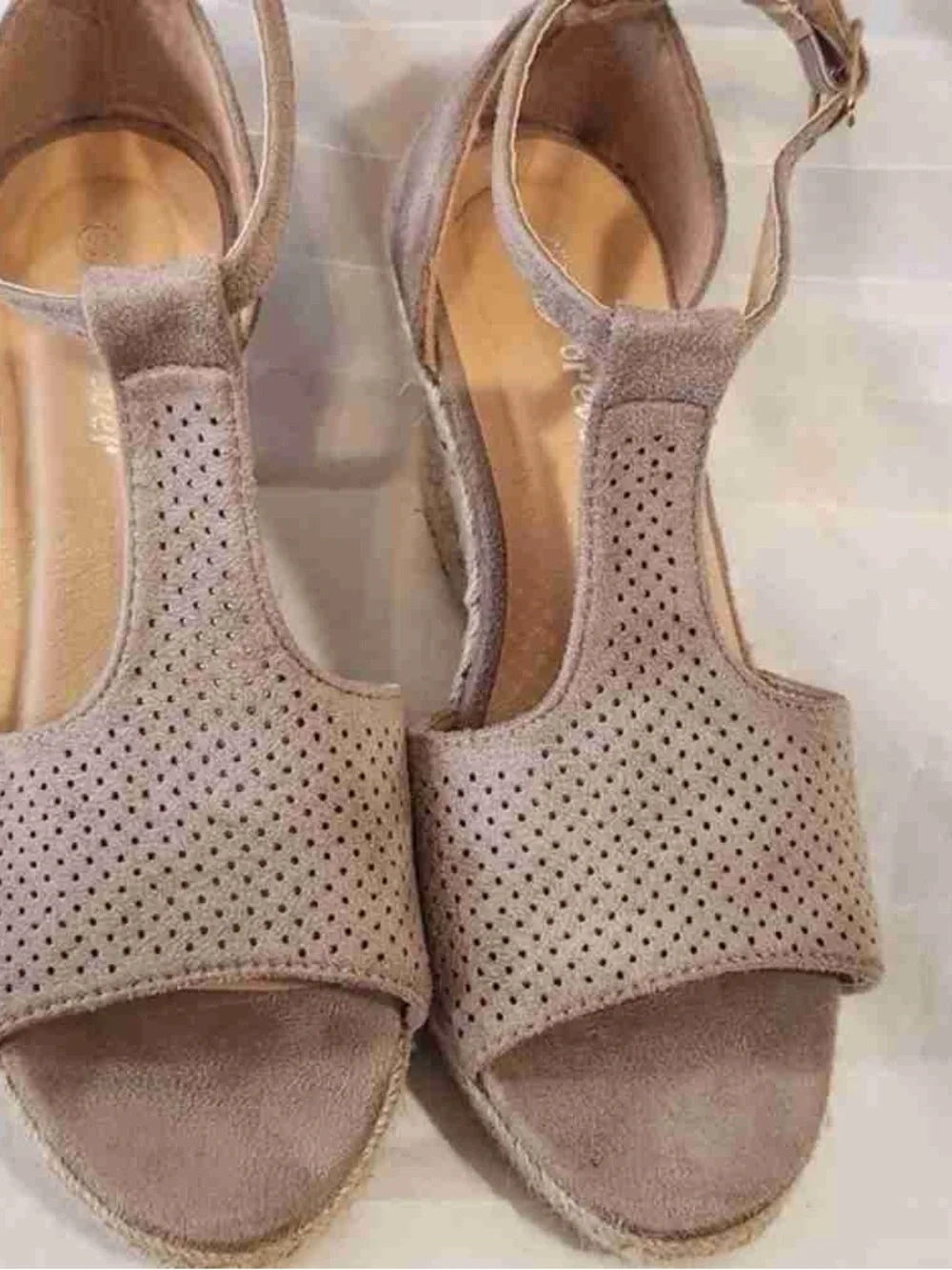 Women’s Taupe Suede Wedge Sandals with Ankle Strap